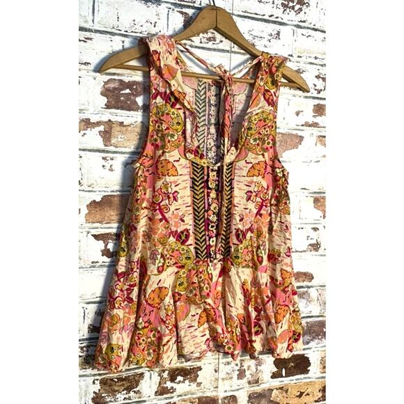 Free People "Summer In Tulum" Linen Blend Mixed Print Ruffle Sleeveless Tunic - Picture 14 of 15